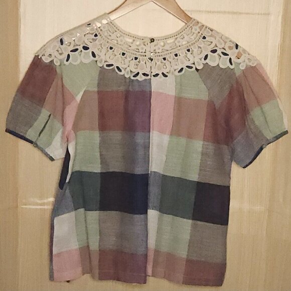Mystree Womens NWOT Cotton Blend Plaid Crochet Detail Top Medium - Picture 2 of 8
